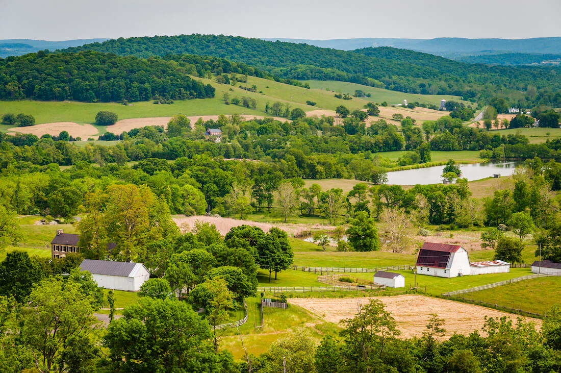 View of farms and hills from Sky Meadows State Park, in rural Virginia