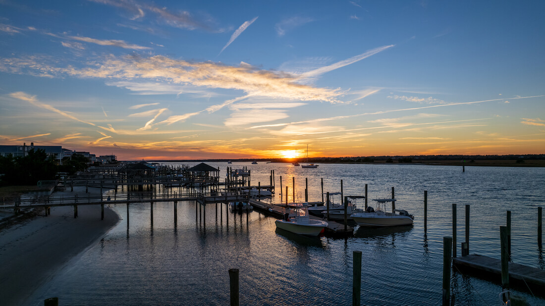 Sunset over moored boats at Wrightsville Beach in North Carolina