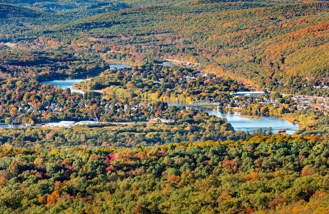 Aerial view of Port Jervis New York from High Point State Park New Jersey in fall