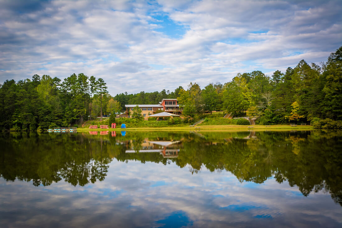 Reflections on calm water at Lake Norman State Park in North Carolina