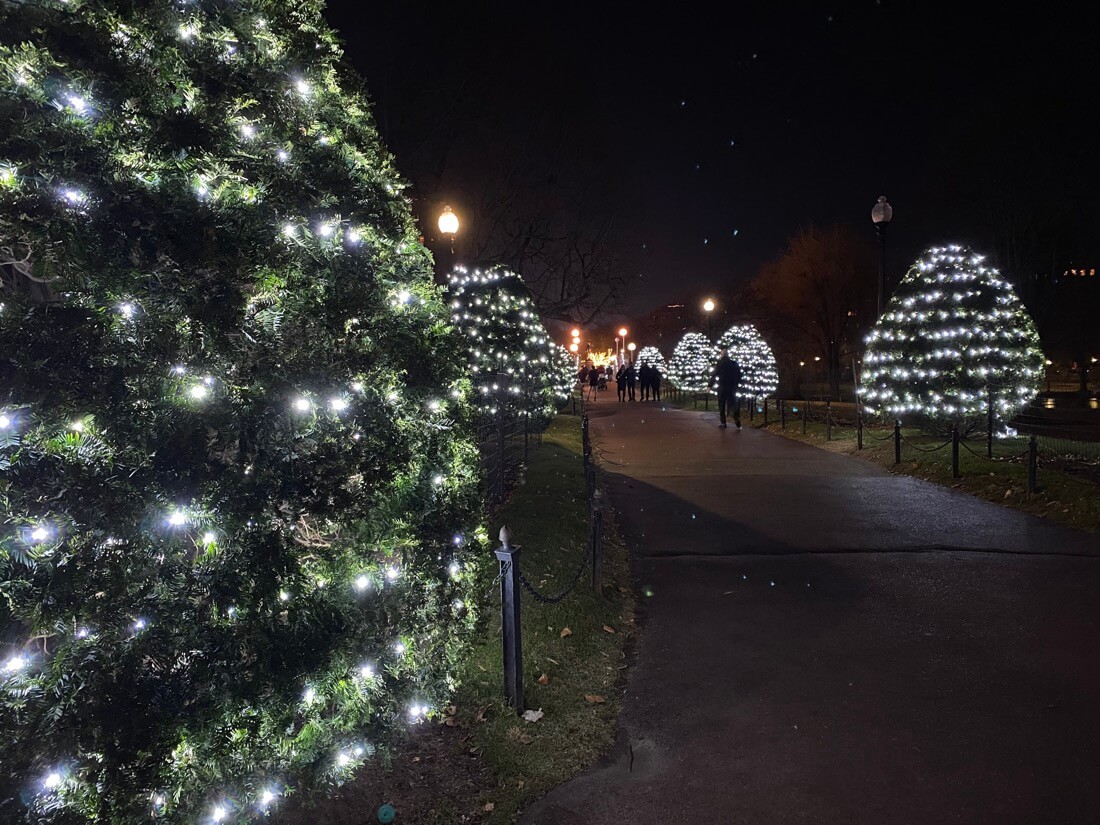 Christmas lights along the path through Boston Public Garden Boston Massachusetts