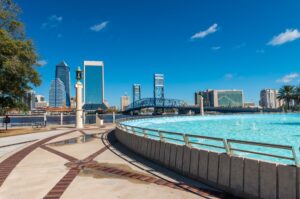 Jacksonville skyline and blue water fountain, Florida