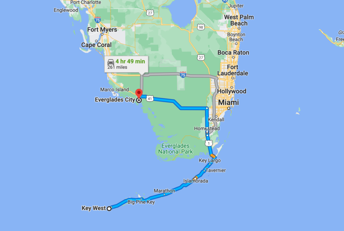 Miami to Key West to Everglades Florida Map