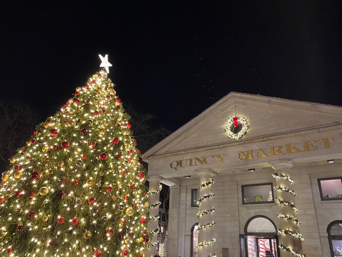Quincy Market and a lit Christmas tree Boston Massachusetts