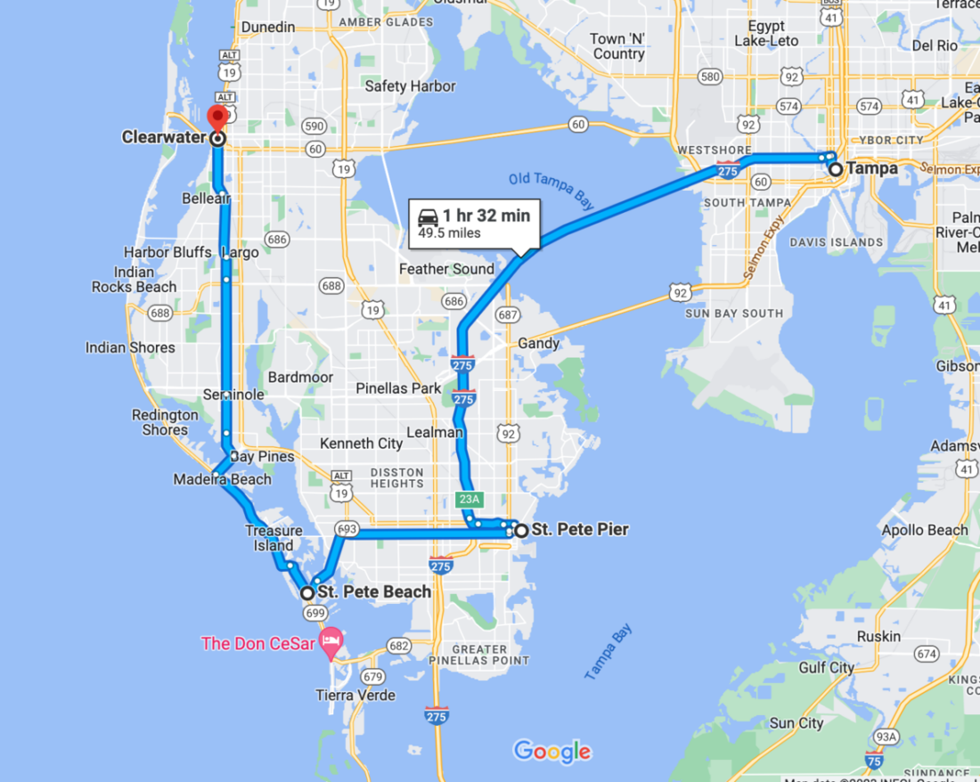 Tampa to St. Pete to Clearwater Map