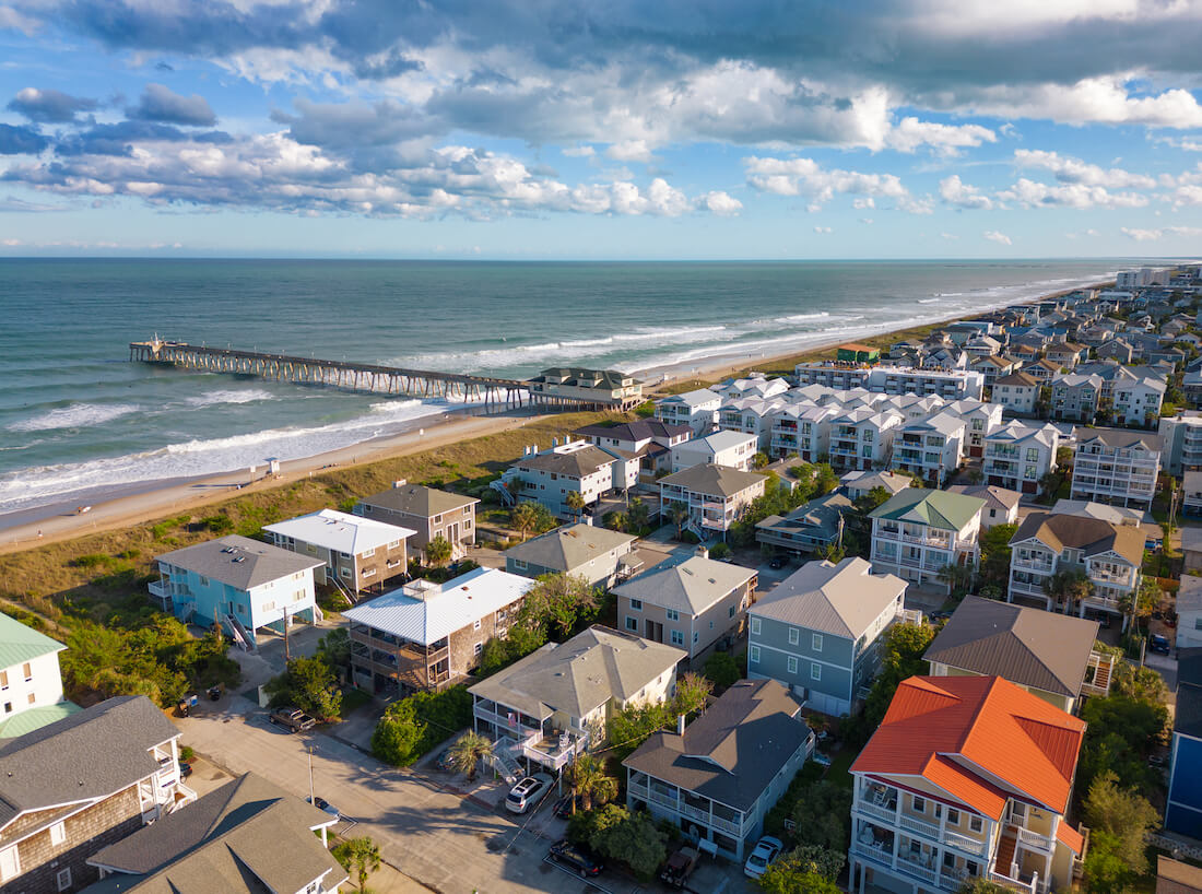 Aerial view of Wrightsville Beach and pier in North Carolina