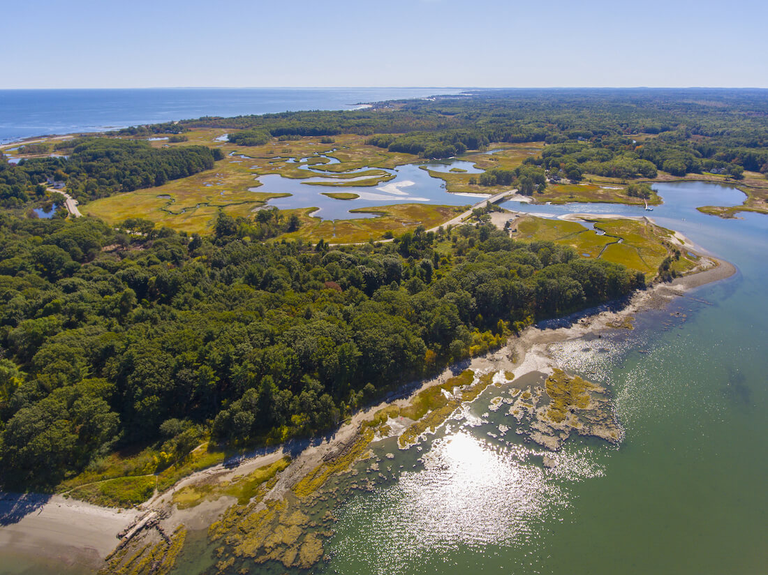 Aerial view of Odiorne Point State Park in summer in town of Rye, New Hampshire