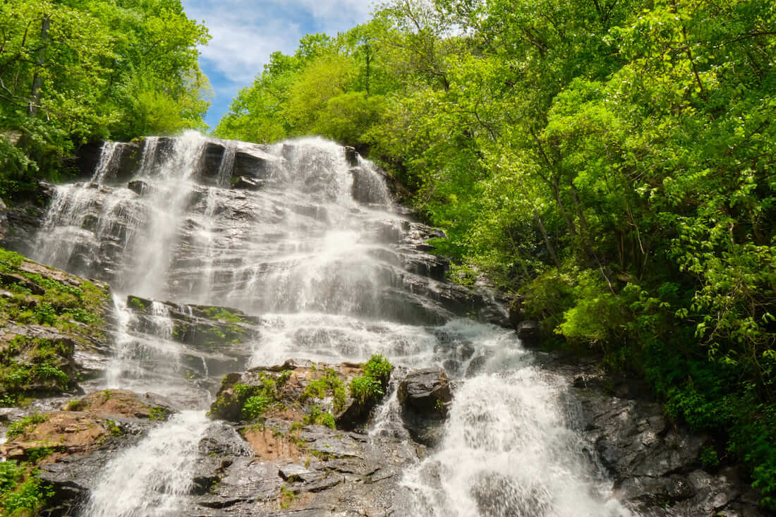 Amicalola Falls waterfall shot at slow shutter speed in Spring in Georgia