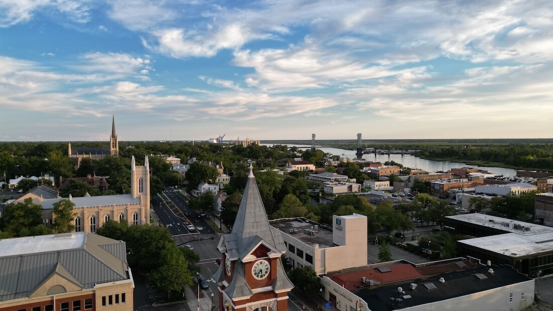 An aerial view of the downtown Wilmington, North Carolina, USA
