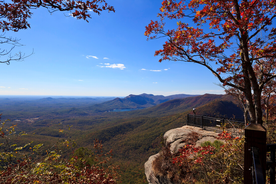 Caesars Head State Park in upstate South Carolina during the fall with a telescope to view the counties of Greenville and Pickens and Table Rock Mountain