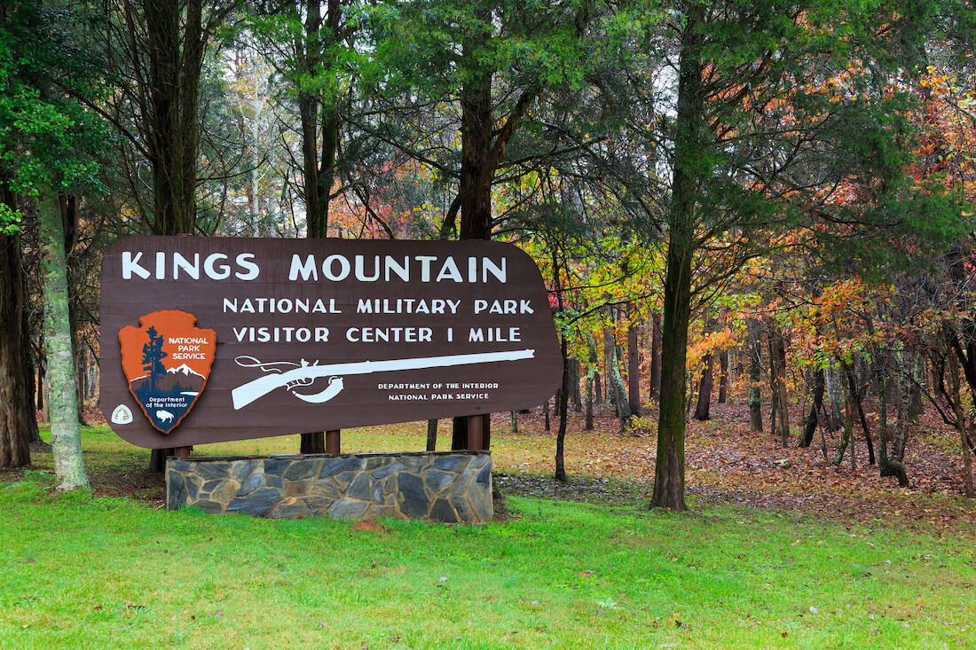 Kings Mountain National Military Park entrance sign in South Carolina