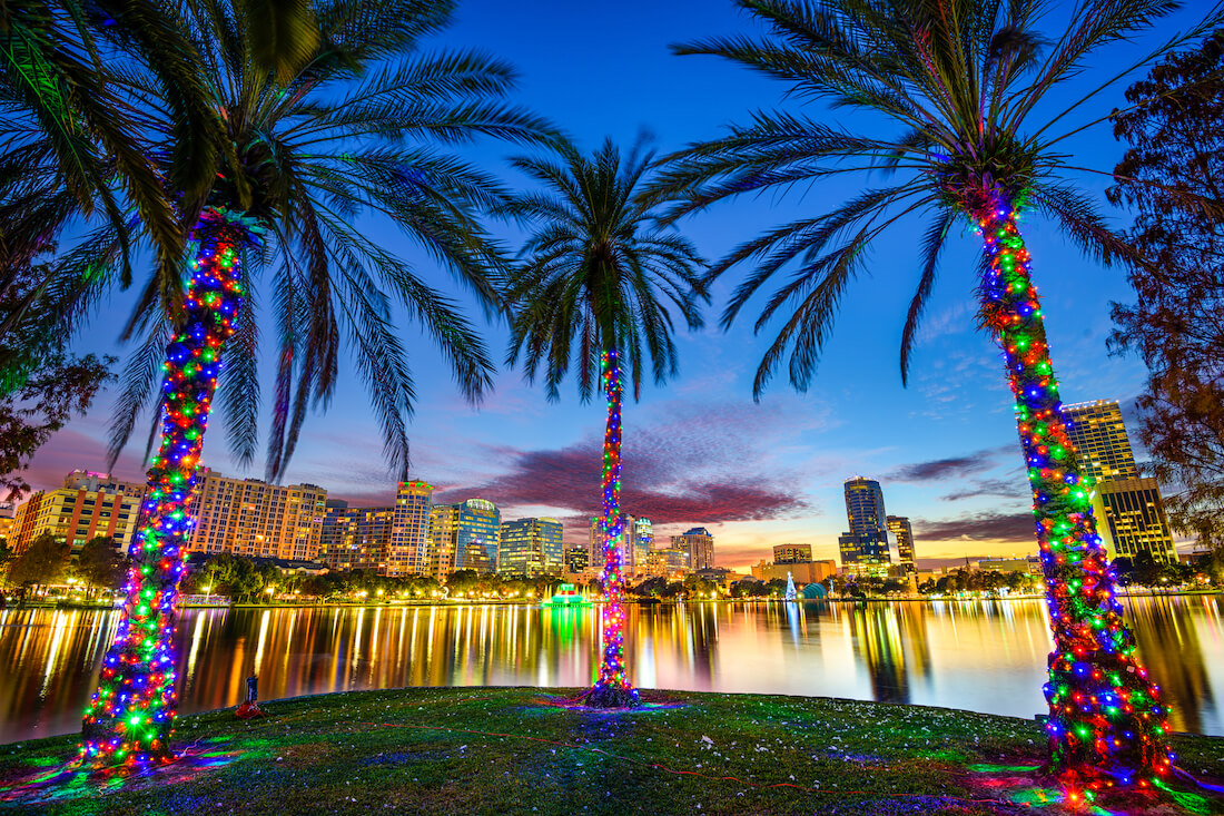 Orlando, Florida Cityscape with Christmas lights