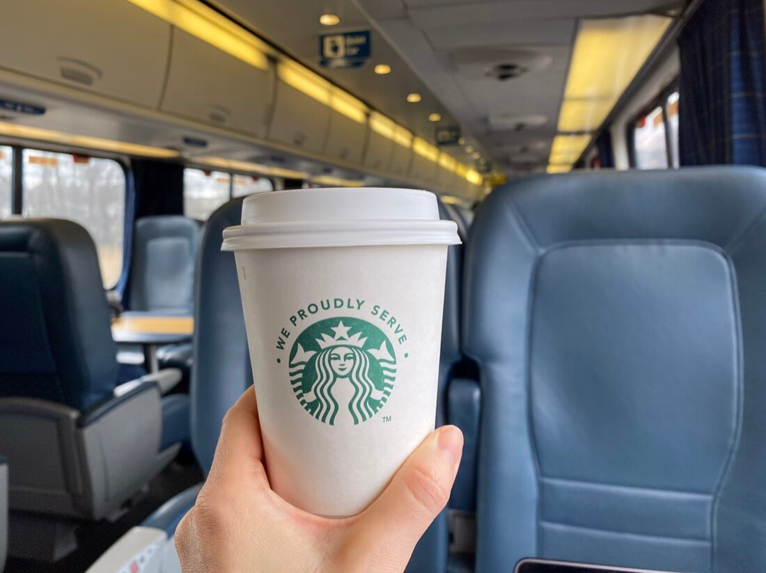 Starbucks coffee on an Amtrak Acela train
