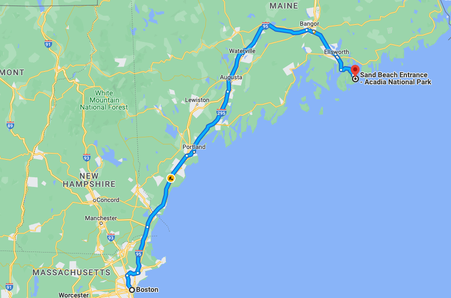 Map showing a road trip with stops between Boston, Massachusetts, and Acadia National Park in Maine
