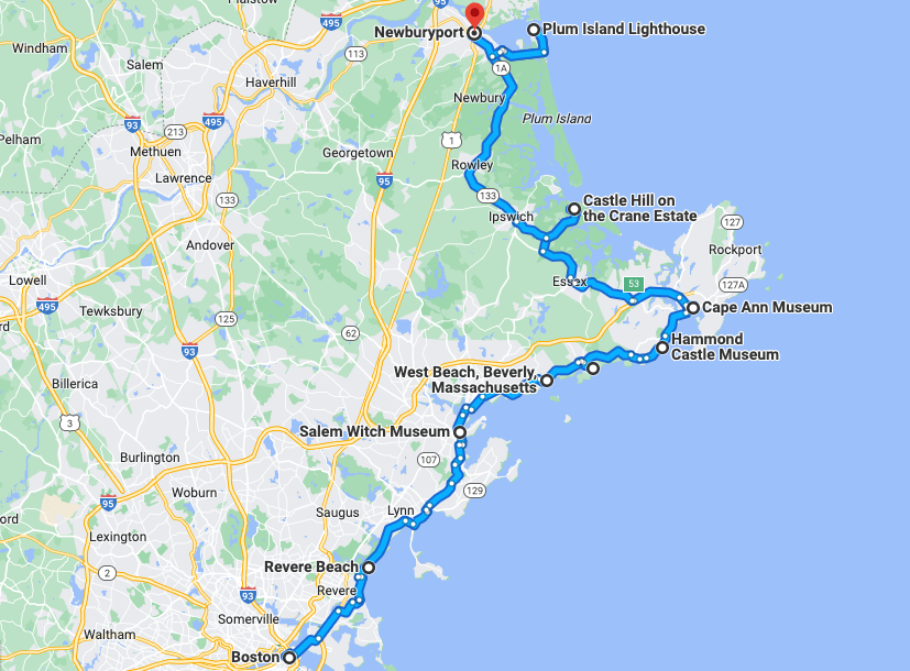 Map showing a road trip with stops between Boston and Newburyport, MA