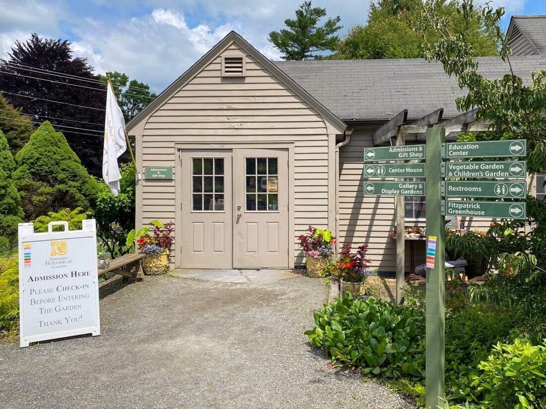 Entrance and admission sign at the Berkshire Botanical Garden in Stockbridge in the Berkshires Massachusetts