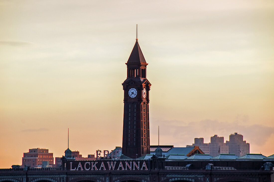 Lackawanna Clock Tower at Hoboken Terminal train station in New Jersey at sunset