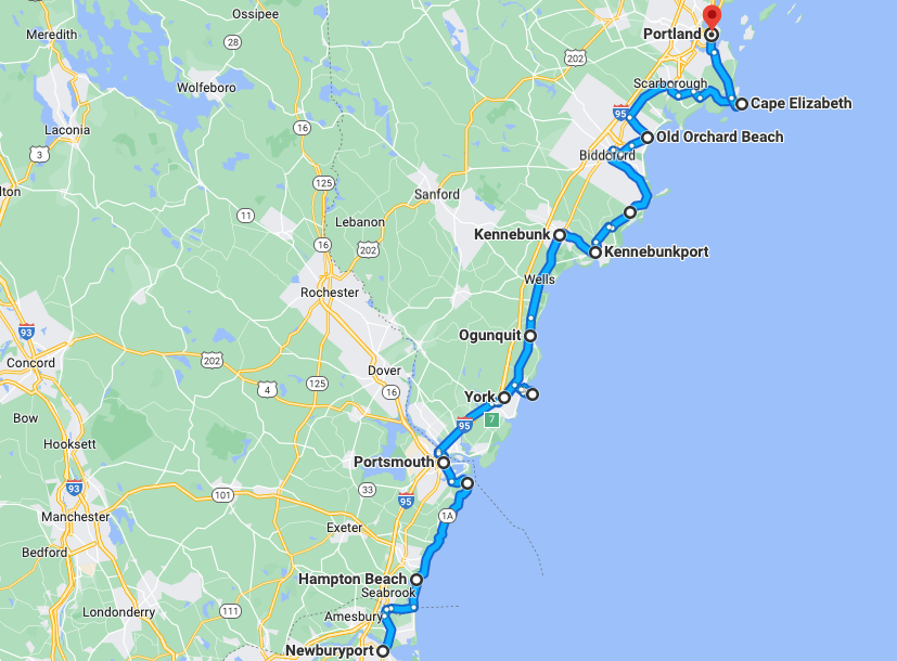 Map showing a road trip with stops between Newburyport, Massachusetts, and Portland, Maine