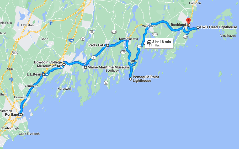 Map showing a road trip with stops between Portland and Rockland along the coast of Maine