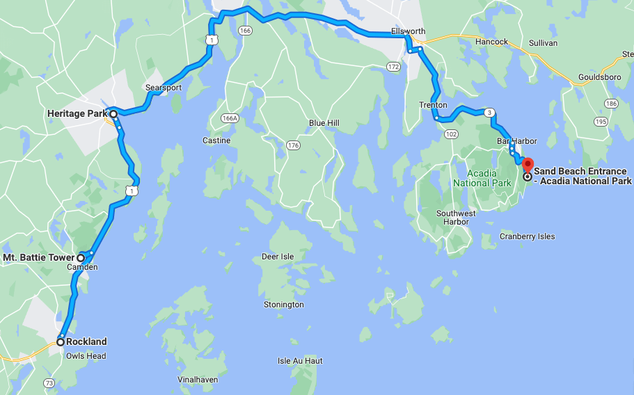 Map showing a road trip with stops between Rockland, Maine, and Acadia National Park