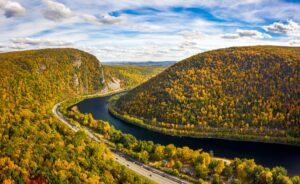 Aerial view of fall colors at Delaware Water Gap at New Jersey and Pennsylvania