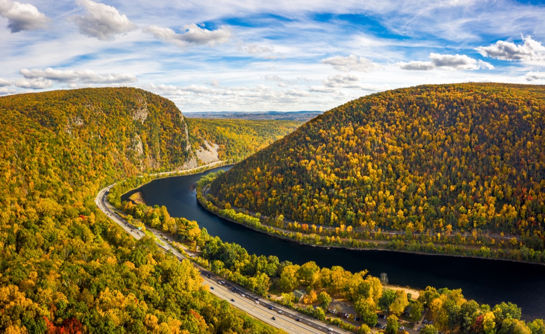 Aerial view of fall colors at Delaware Water Gap at New Jersey and Pennsylvania