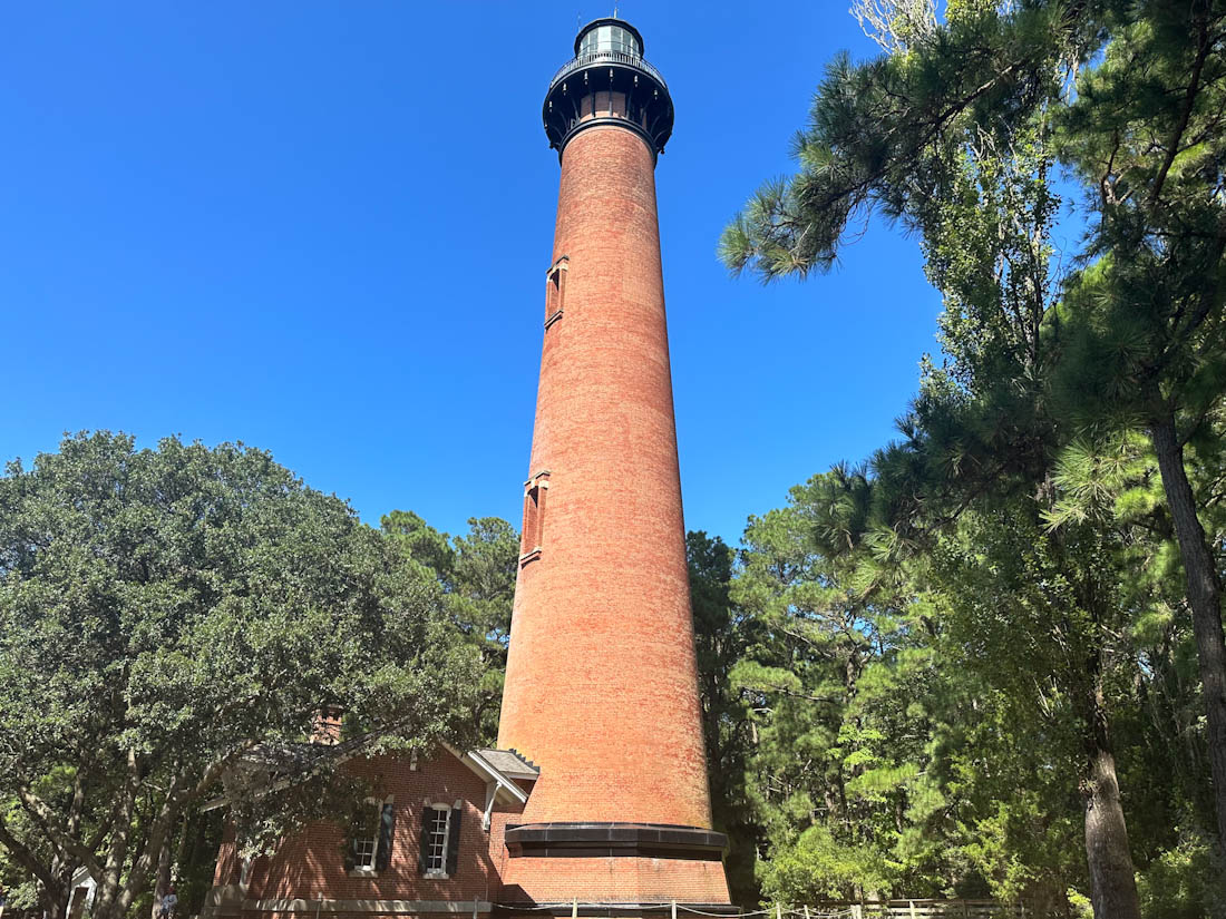 Red toned Currituck Beach Lighthouse Tower in Corolla Outer Banks 