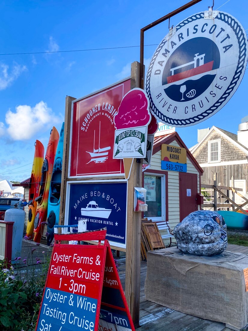 Damariscotta River Cruises and signs in Maine