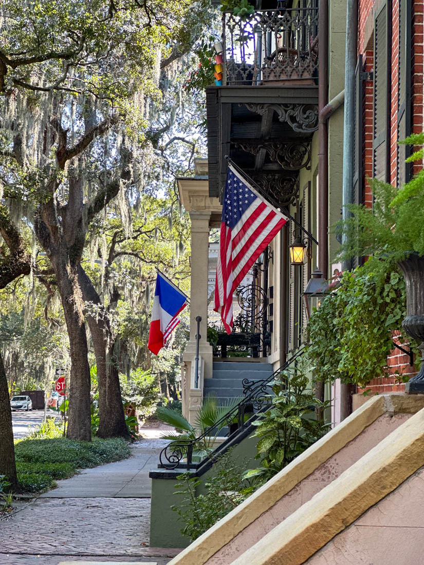 East Jones Street Mansions US Flag in Savannah