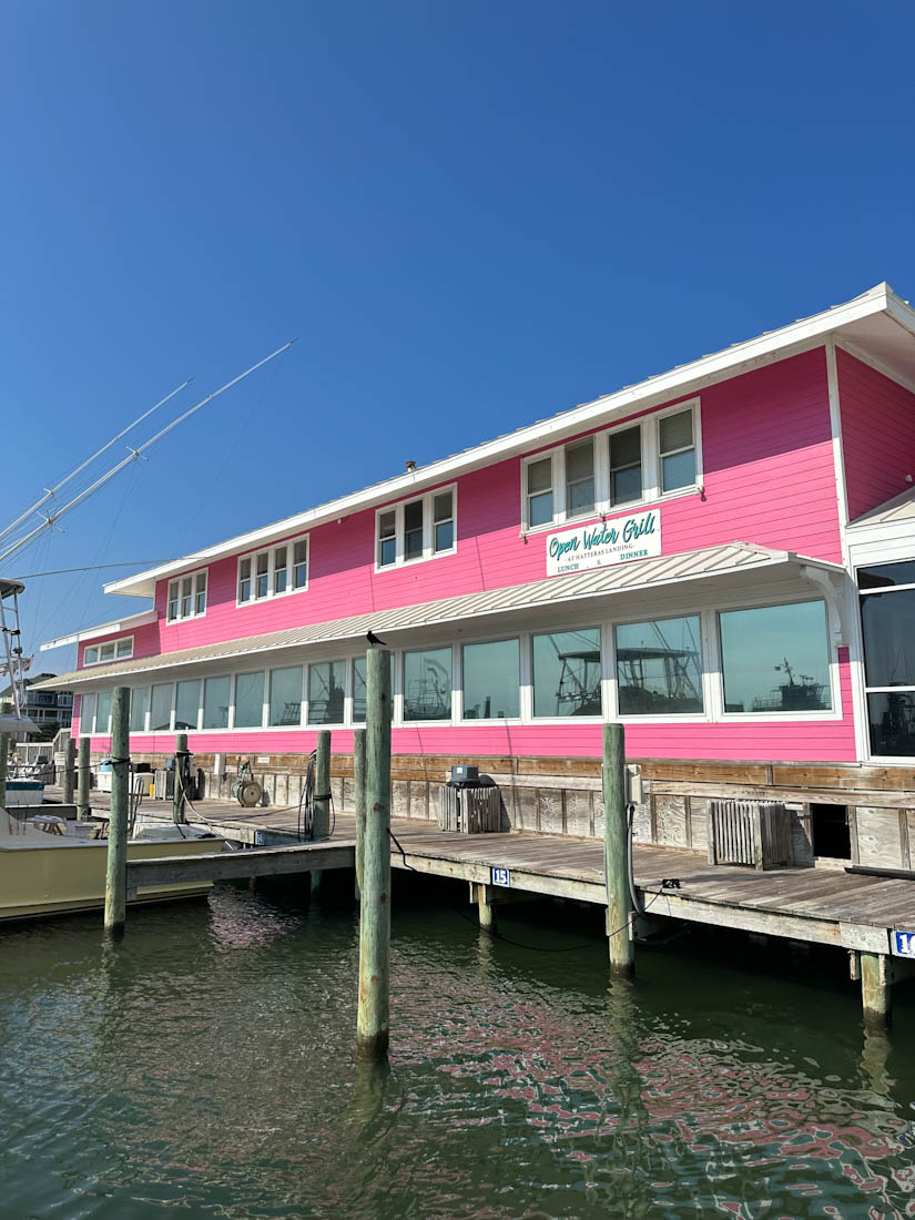 Pink building at Hatteras Landing Marina in Outer Banks 
