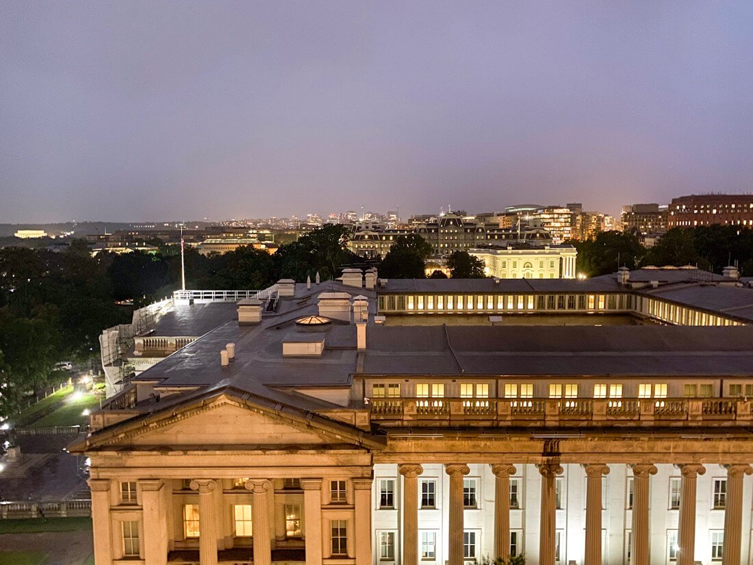 Night view of the White House and Treasury building from VUE rooftop at the Hotel Washington in Washington DC