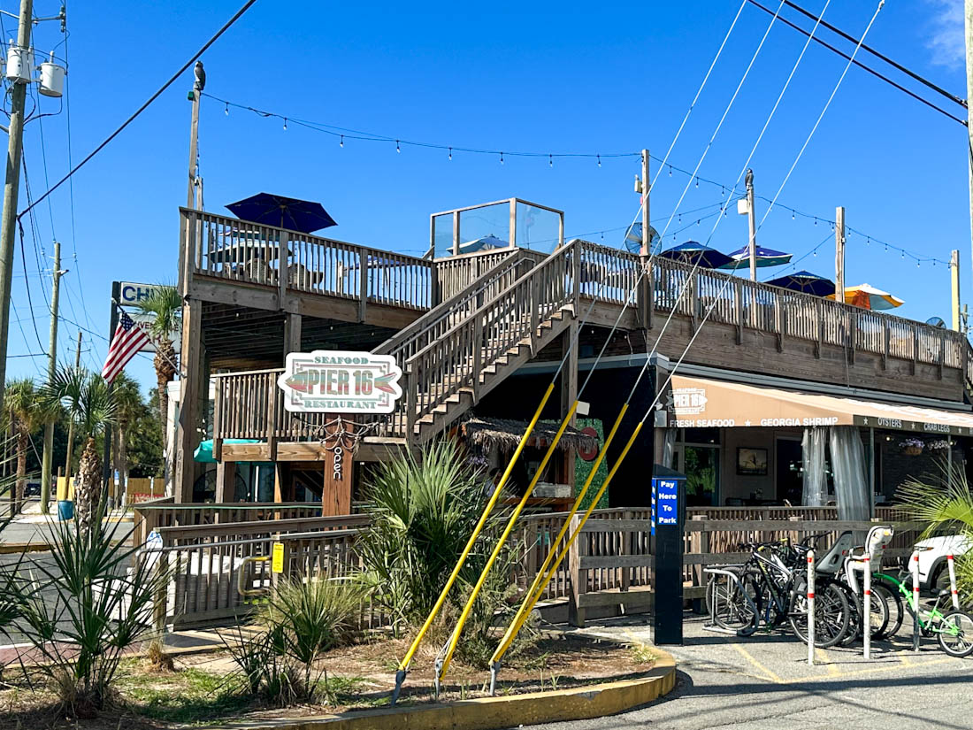 Wooden two deck restaurant Pier 16 at Tybee Island