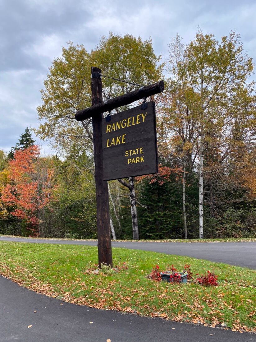Rangeley Lake State Park entrance sign in Maine