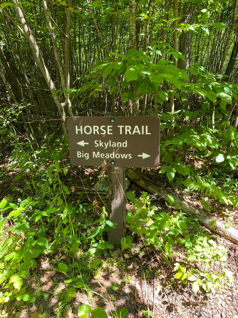 Sign for the Horse Trail Skyland and Big Meadows along the Limberlost Trail in Shenandoah National Park in Virginia