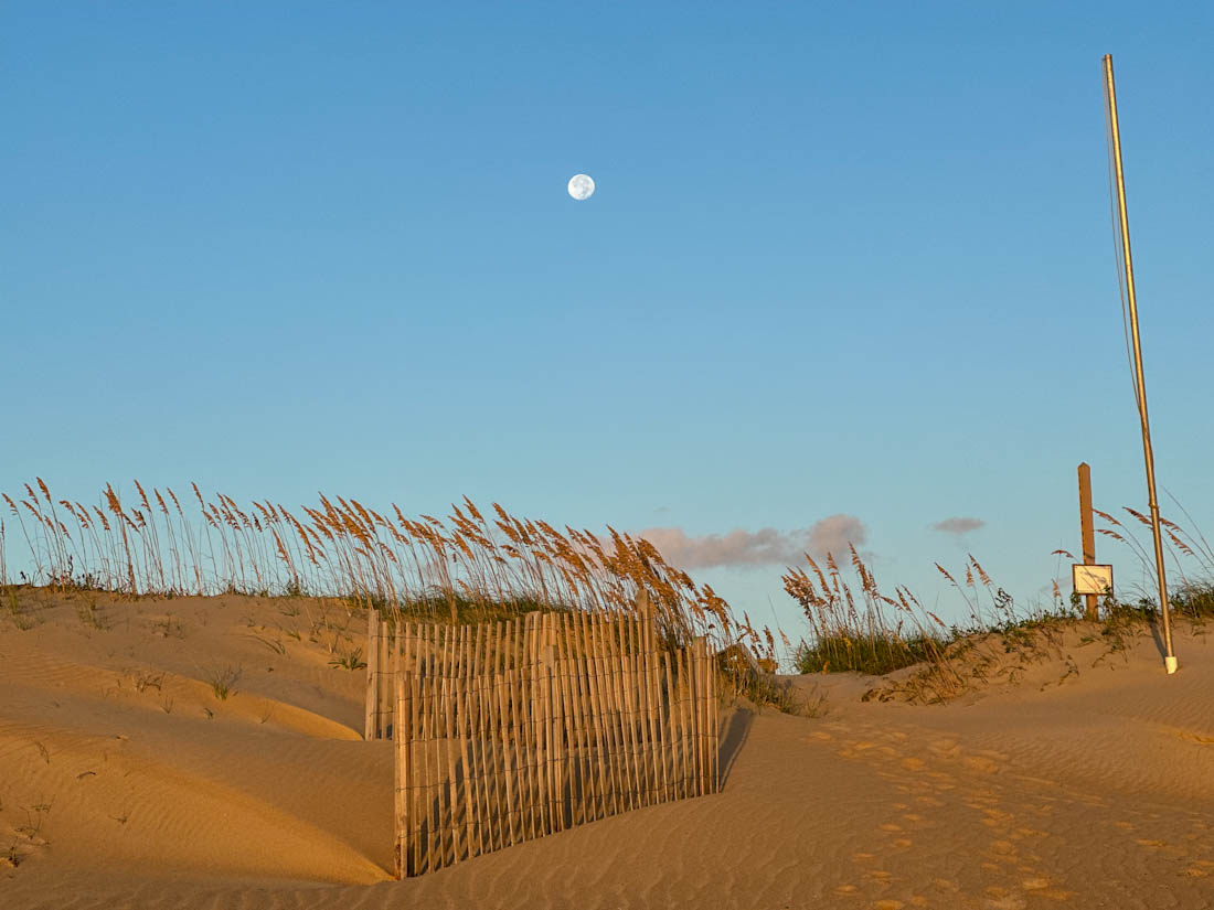 Southern Shores Beach  at Sunrise with Moon in sky at Outer Banks North Carolina