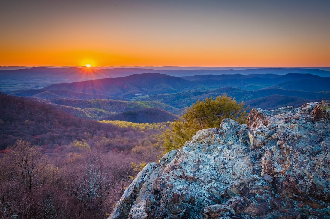 Sunset over the Blue Ridge from Bearfence Mountain, in Shenandoah National Park Virginia