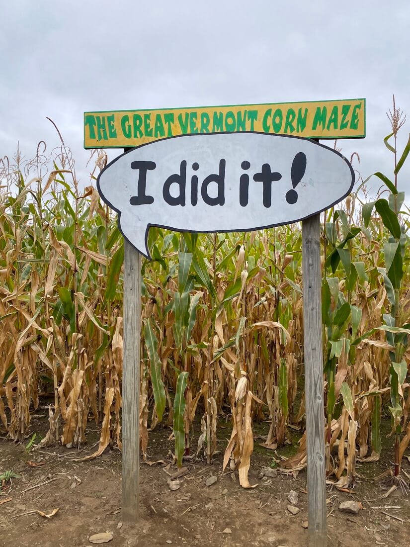 The Great Vermont Corn Maze finish line sign in Danville Vermont
