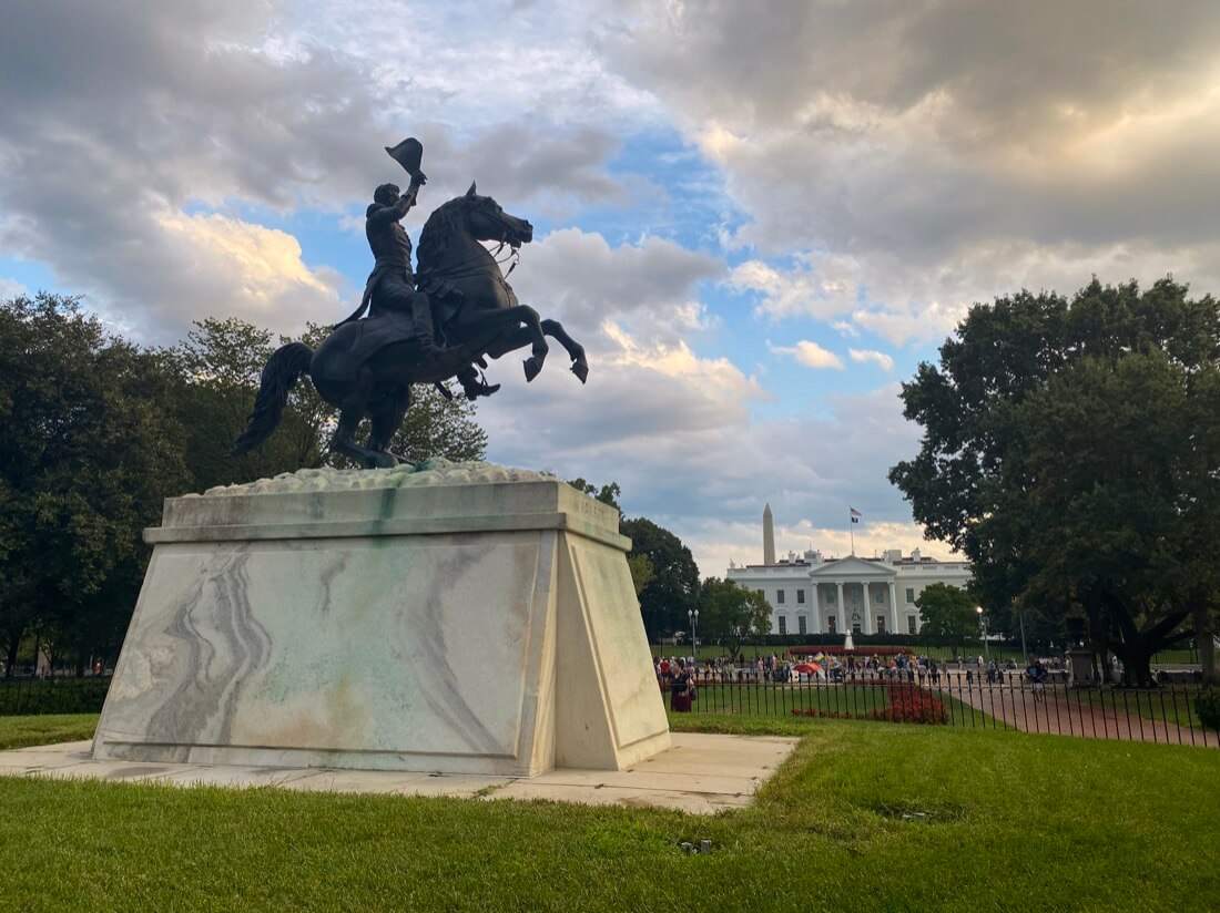 Monument in Lafayette Square and the White House in Washington DC.