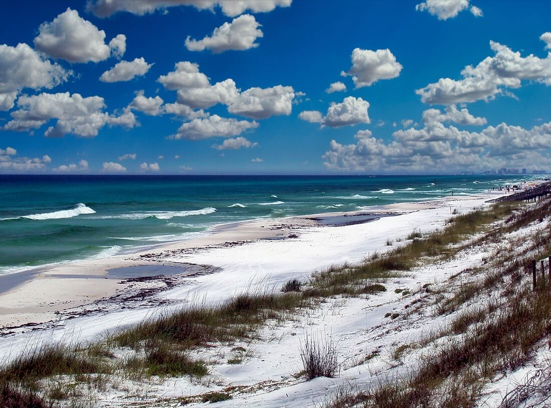 Waves on Navarre Beach with white sand and turquoise water, Florida