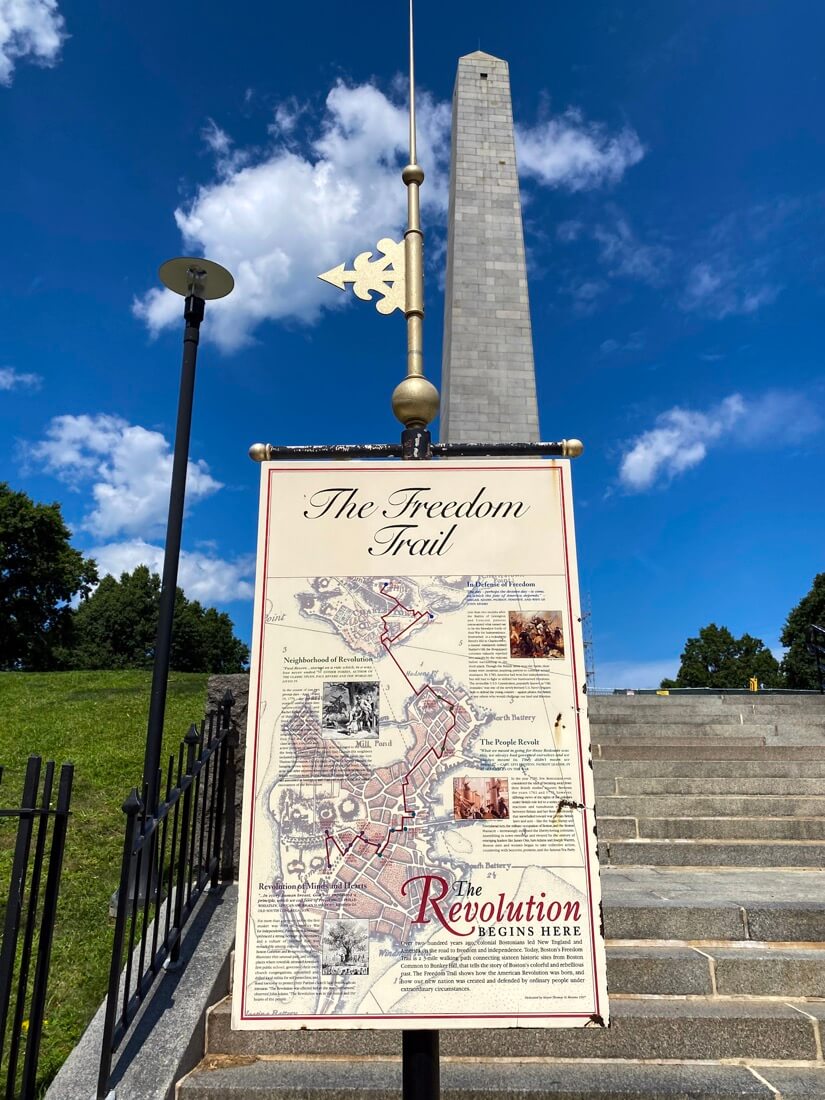 Sign for the Freedom Trail in front of Bunker Hill Monument in Charlestown Boston Massachusetts