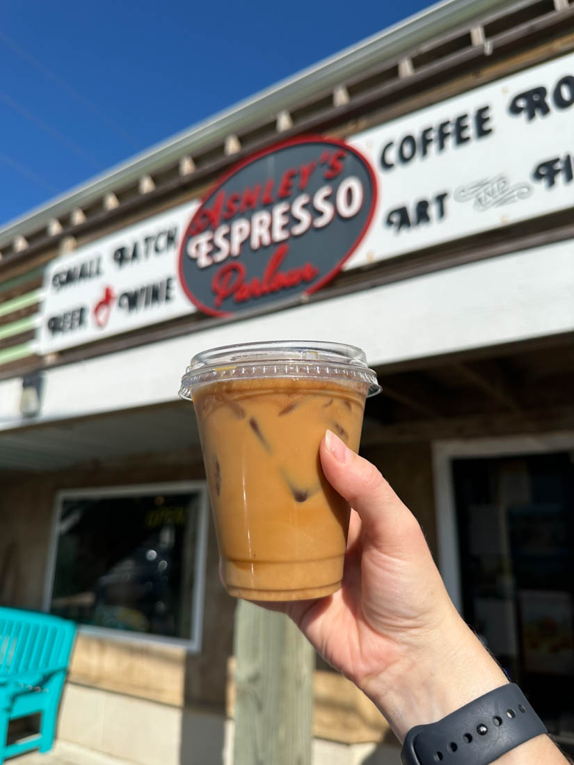 Takeout coffee cup at Ashley’s Espresso Parlour Iced Coffee Sign Kitty Hawk 