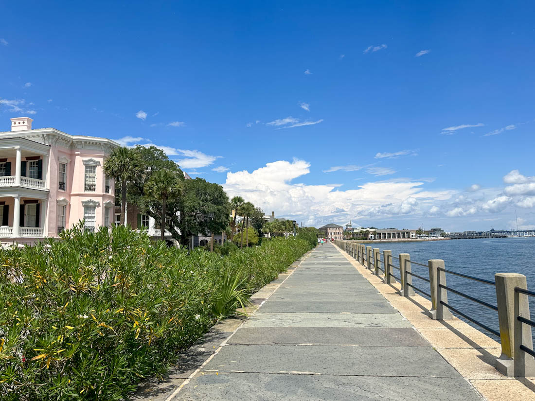 Battery Park path along harbor water in Charleston 