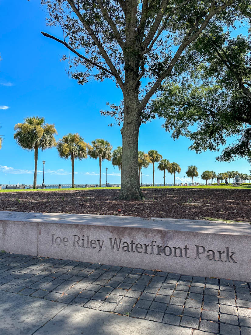 Joe Riley Waterfront Park sign chistled into wall at Charleston