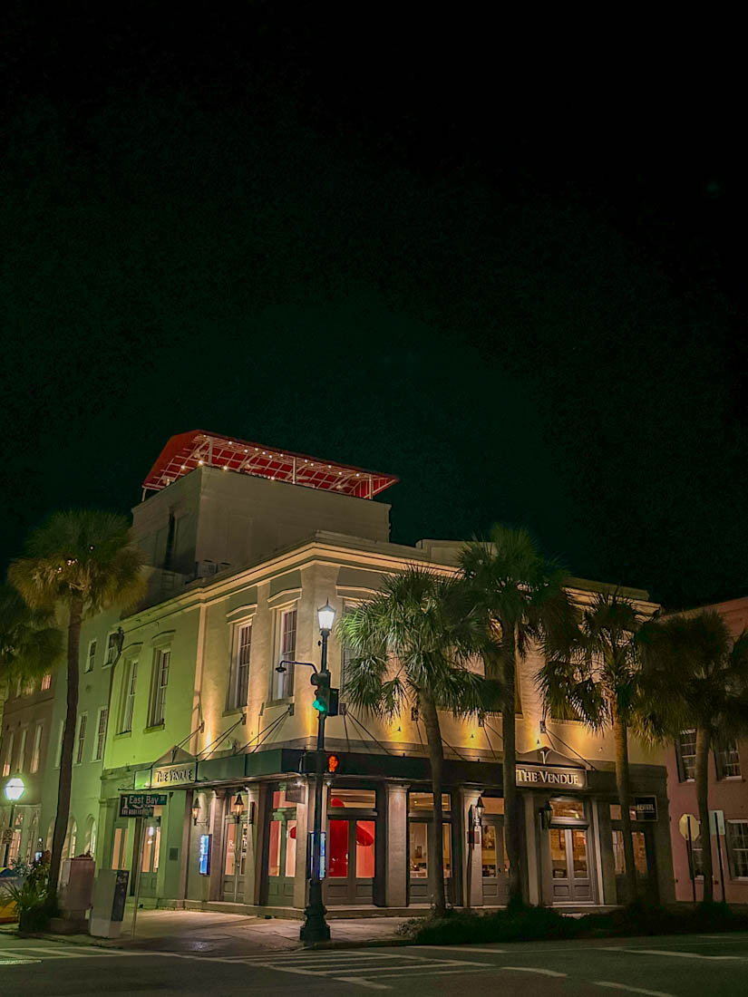The Vendue hotel building at night in Charleston