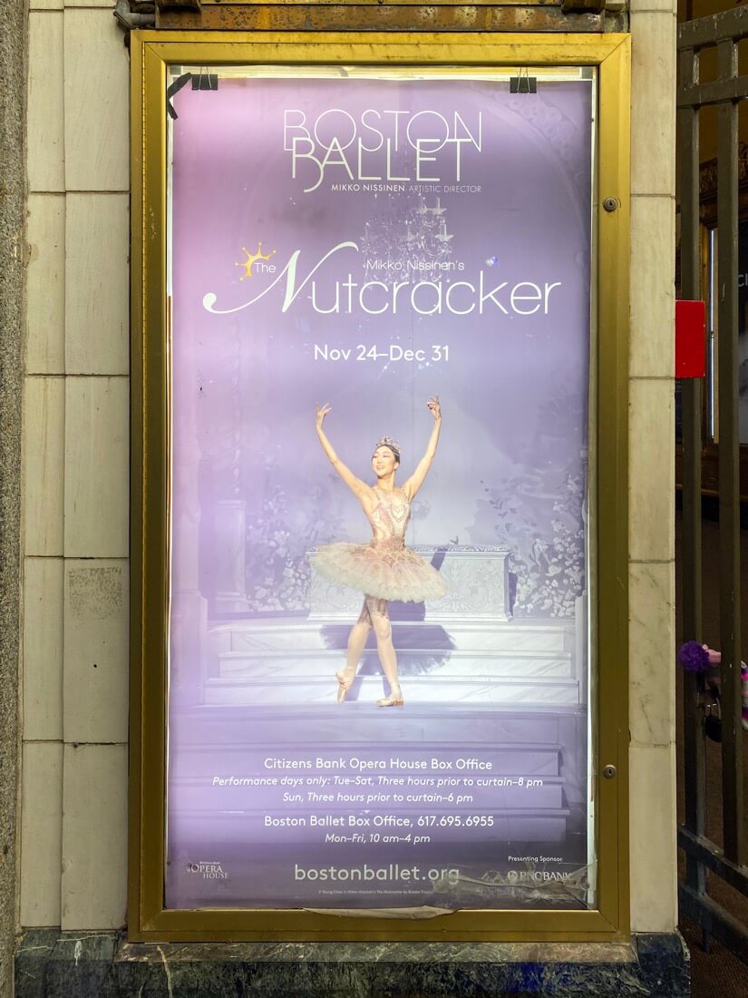 Boston Ballet Nutcracker sign at the Opera House in Boston Massachusetts