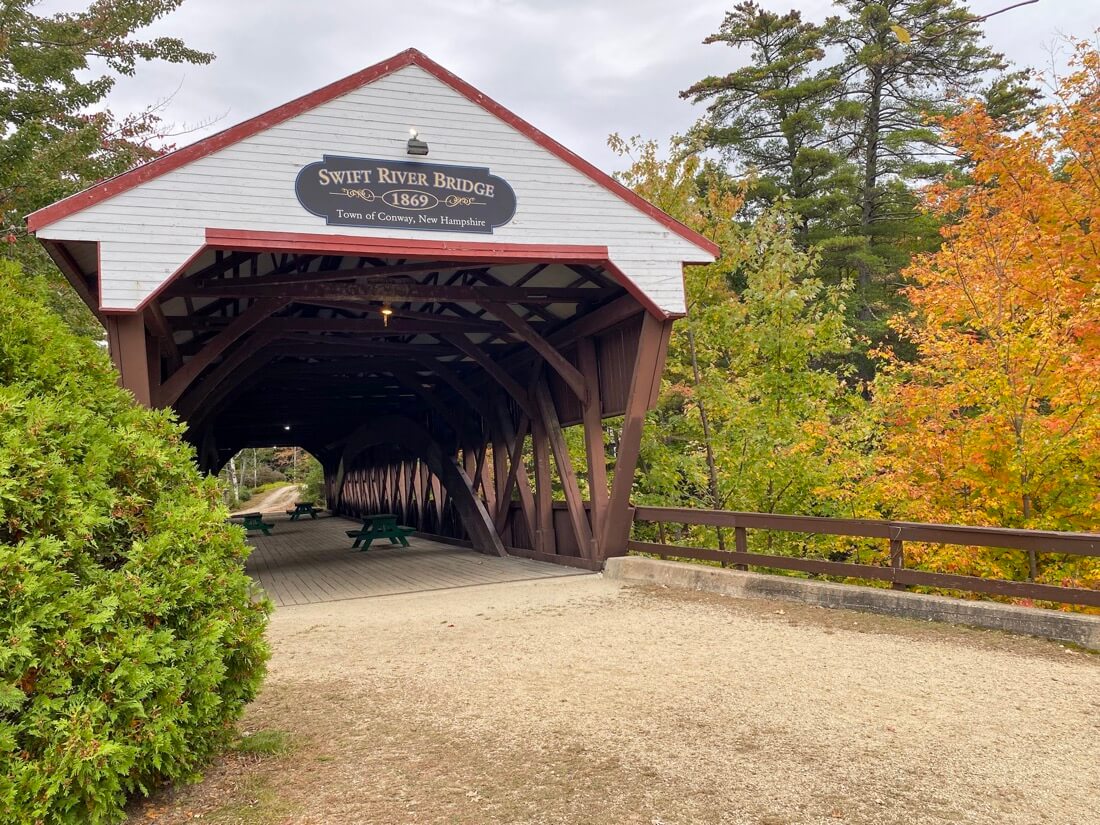 Fall view of the Swift River Covered Bridge in Conway New Hampshire