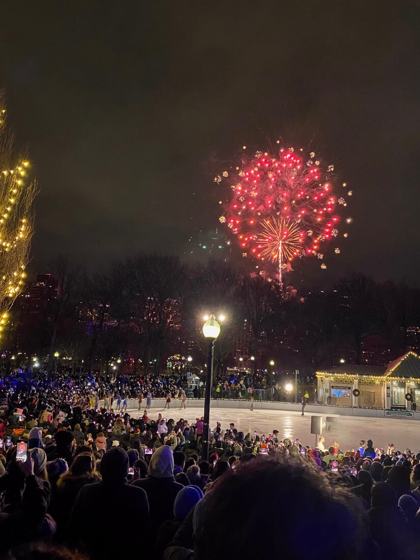 Fireworks over Frog Pond and Boston Common on New Years Eve in Boston Massachusetts