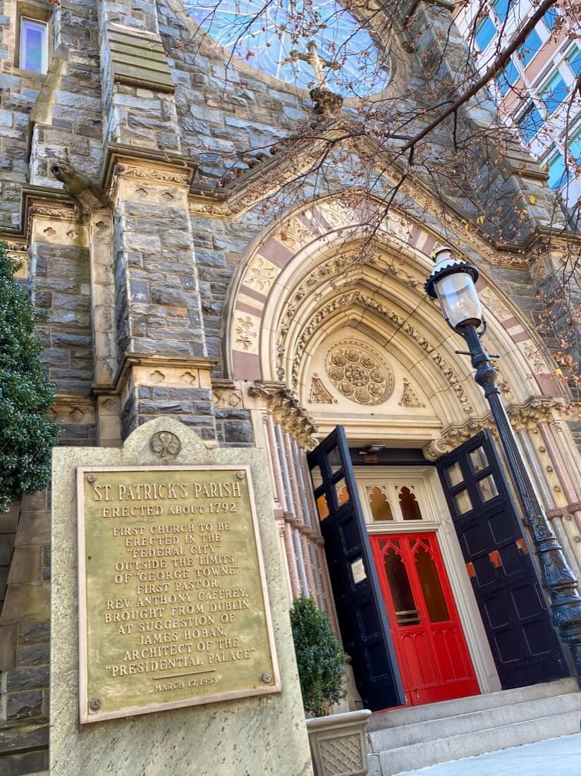 Front door and sign at St Patricks Church in Washington DC