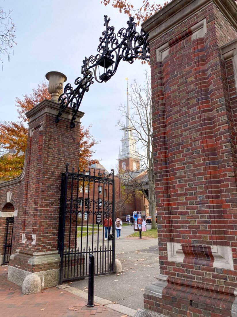 Gate into Harvard University campus in Cambridge Massachusetts