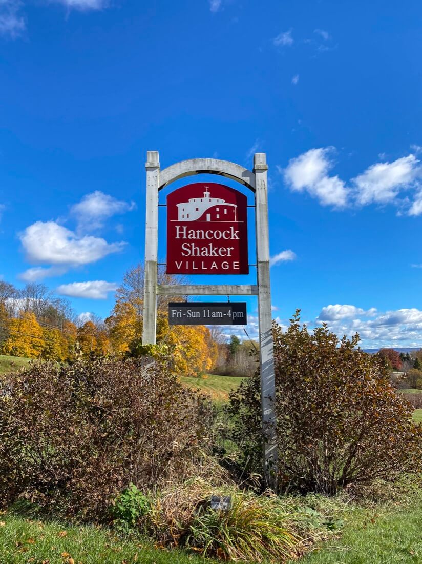 Hancock Shaker Village entrance sign in Pittsfield Massachusetts